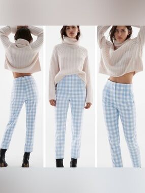 Blue Gingham Tailored Pants – High Waist Slim Fit European Chic – Size L